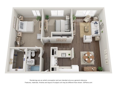 Floor plan for 2 beds, 1 bath, 885 sqft